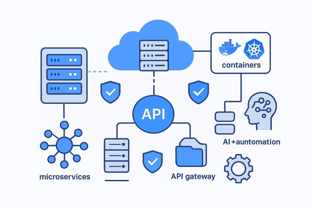 API-First architecture connecting enterprise SaaS applications with external services.