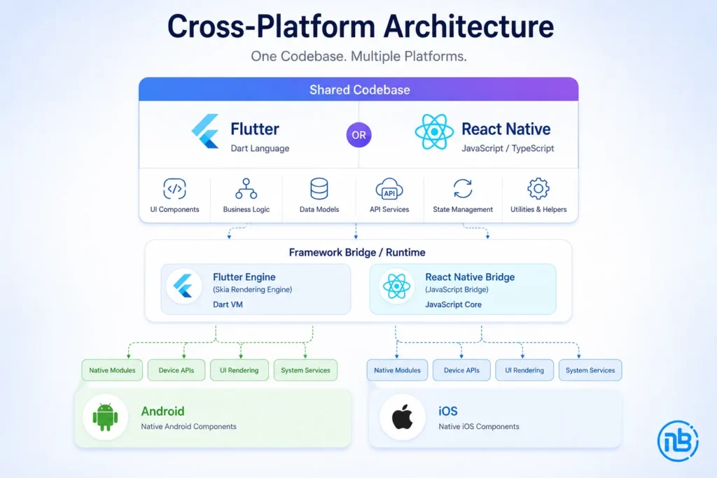 Flutter vs React Native framework architecture diagram illustrating a shared codebase connecting Android and iOS platforms for cross-platform mobile application development