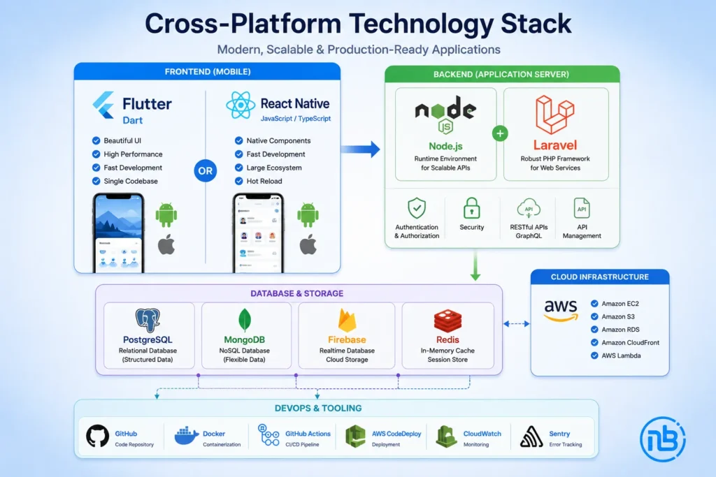 Cross-platform mobile application technology stack diagram featuring Flutter, React Native, Node.js, Laravel, PostgreSQL, MongoDB, Firebase, Redis, and AWS for scalable enterprise app development