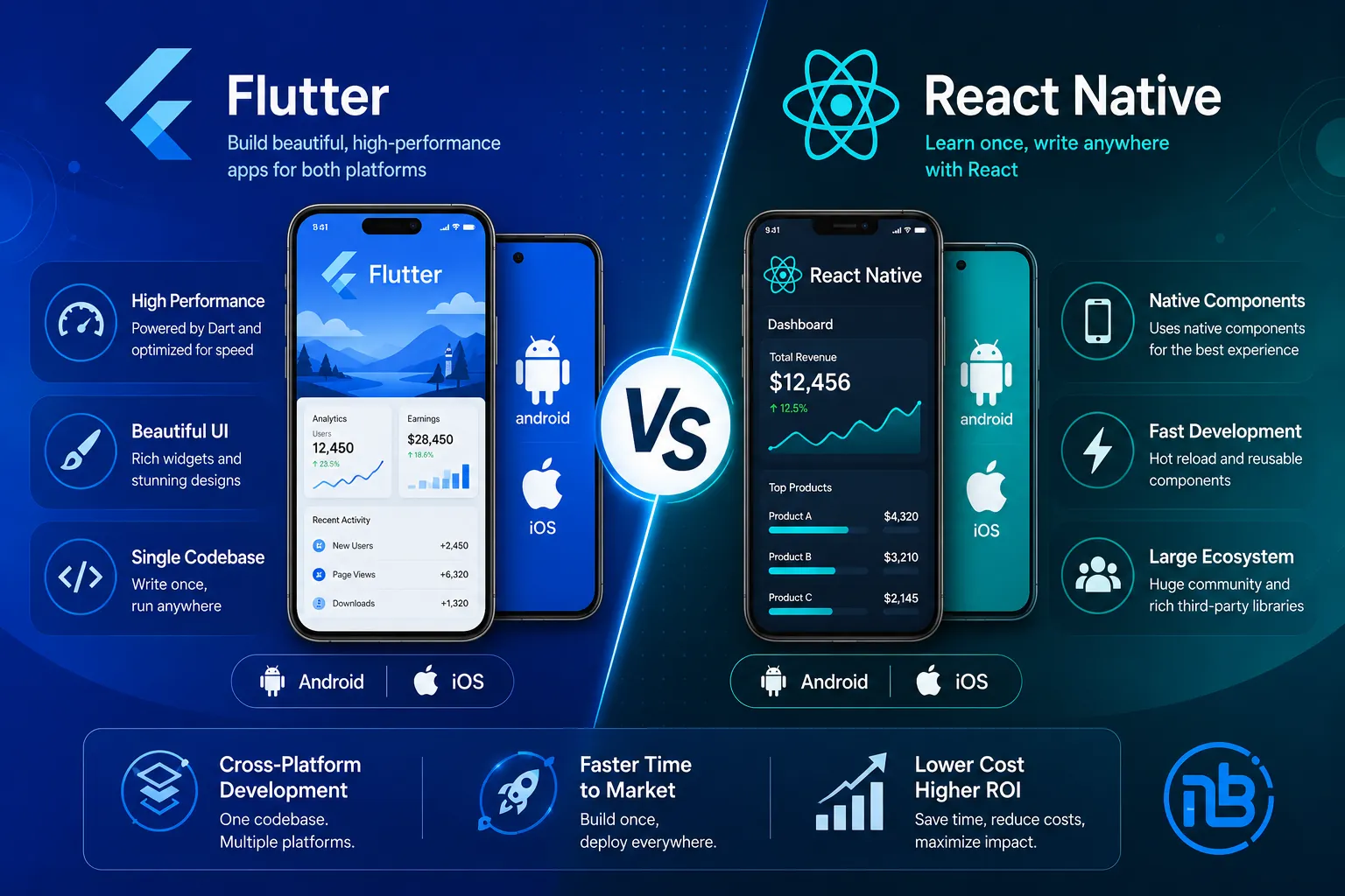 Flutter vs React Native comparison illustrating cross-platform mobile app development, performance, user interface, scalability, and enterprise application development.