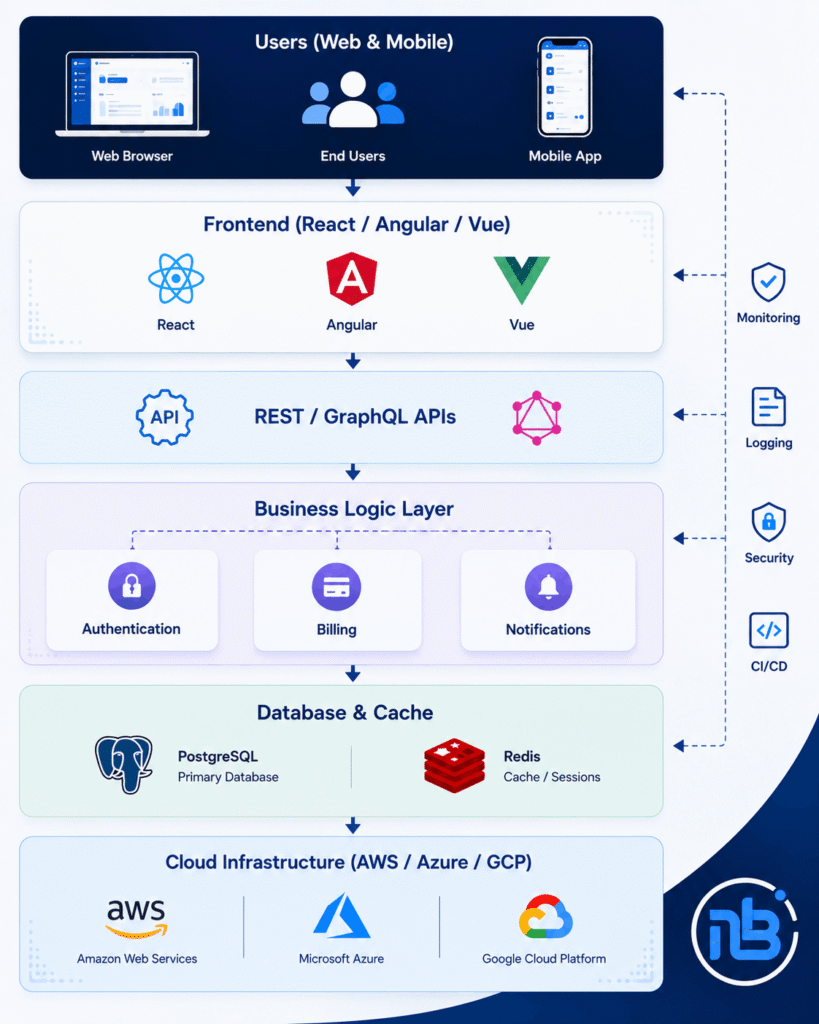 Enterprise SaaS architecture diagram showing frontend, APIs, business logic, database, cache, and cloud infrastructure for scalable application development